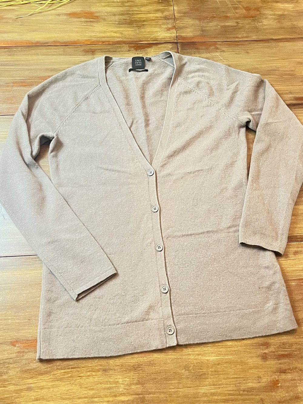 Saks Fifth Avenue 100% Cashmere Taupe Button-Down V-Neck Cardigan Sweater